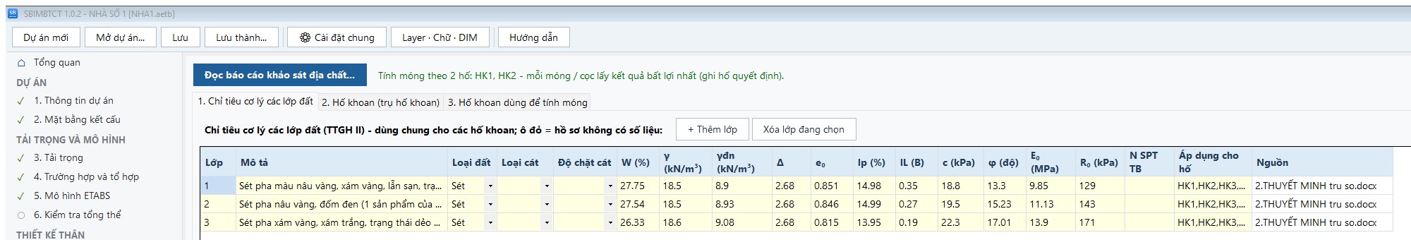 Hình 16.1. Bước 11: chỉ tiêu cơ lý các lớp đất đọc từ hồ sơ khảo sát