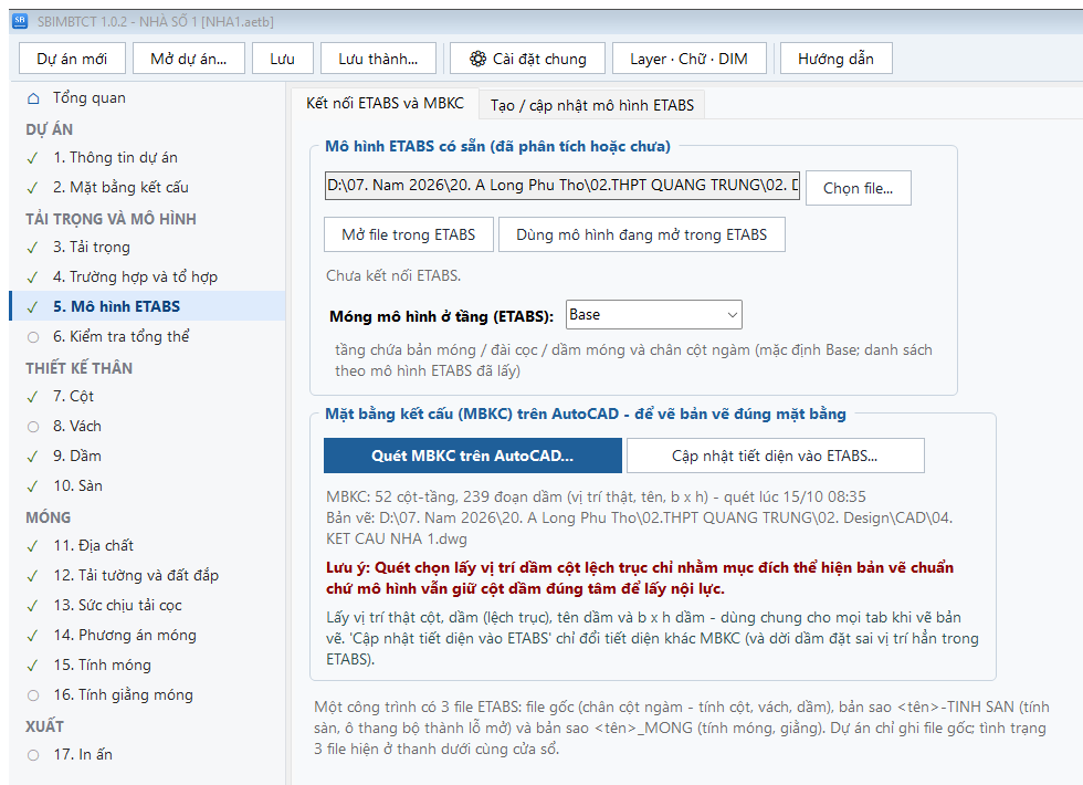 Hình 9.1. Bước 5, tab Kết nối ETABS và MBKC