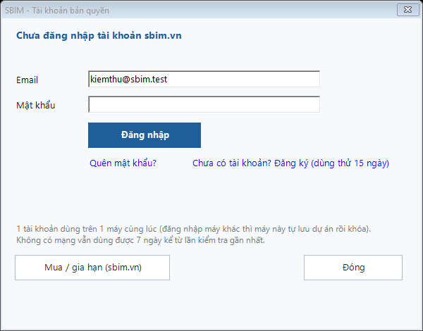 Hình 3.1 — Hộp Tài khoản bản quyền khi chưa đăng nhập.