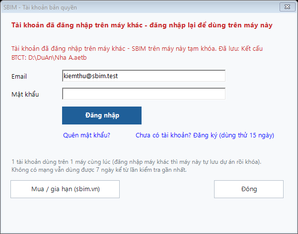 Hình 3.2 — Tài khoản vừa đăng nhập ở máy khác: dự án đã được tự lưu, máy này tạm khóa.